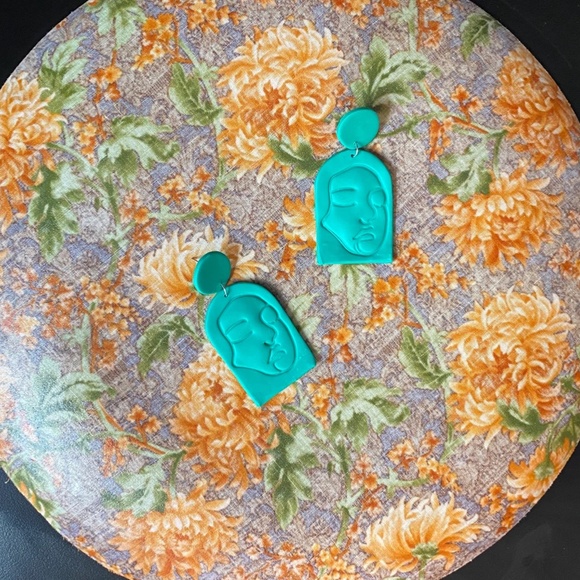 Handmade Clay Earrings | Face Outline Statue | Dark Turquoise | Push Backs - Picture 2 of 9